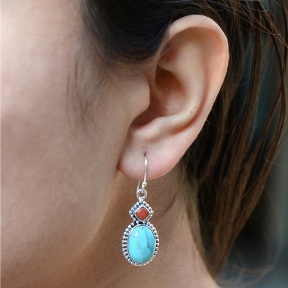 Sterling Silver Blue Mohave Turquoise Red Coral Earrings - Picture 2 of 7